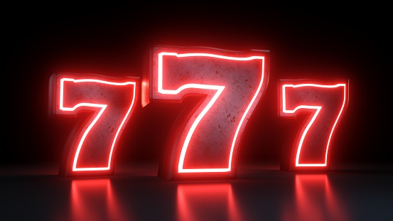 777 Casino Jackpot Symbol With Red Neon Lights Isolated On the Black Background - 3D Illustration