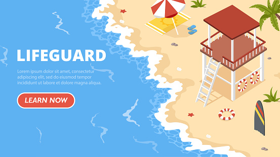 Lifeguard on beach. Sea coast, resort and paradise. Surfboard, umbrella and blanket. Holidays in tropical and exotic countries. Landing page design. Cartoon isometric vector illustration
