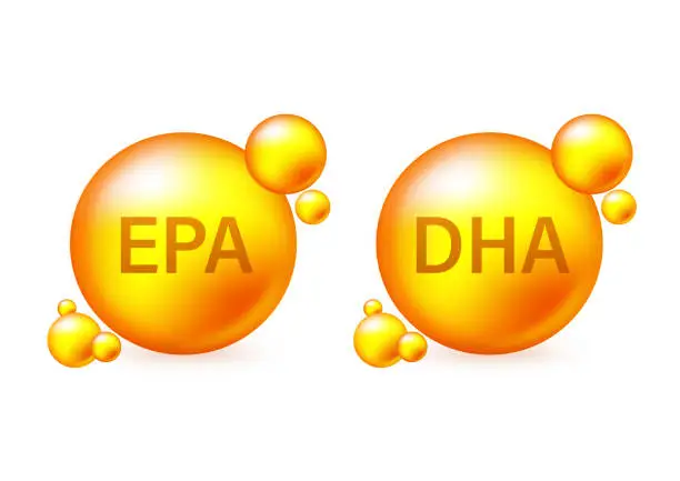 Vector illustration of EPA, DHA Vector Drops Set. Chemical formula .Shining golden substance drop.