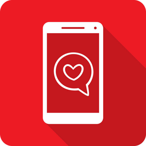 Heart Speech Bubble Smartphone Icon Silhouette 2 Vector illustration of a smartphone and speech bubble with heart icon against a red background in flat style. heart emoji phone stock illustrations