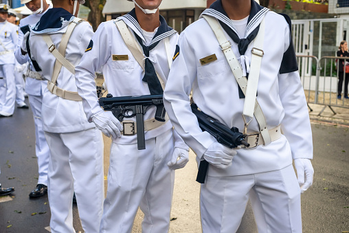 Salvador, Bahia, Brazil - September 07, 2022: Navy soldiers are seen waiting for the start of the Brazilian Independence Day parade in Salvador, Bahia.
