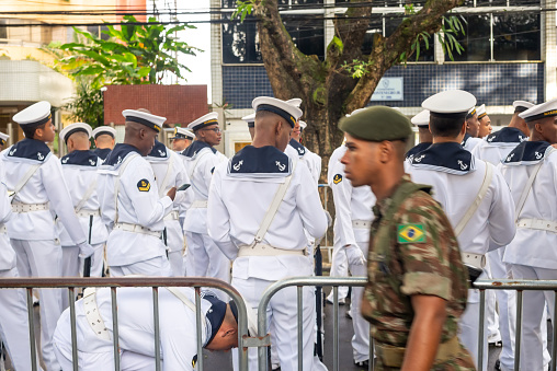 Salvador, Bahia, Brazil - September 07, 2022: Navy soldiers are seen waiting for the start of the Brazilian Independence Day parade in Salvador, Bahia.