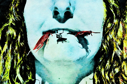 This is my photographic image in a pop art watercolour modern art style of a person eating bugs.