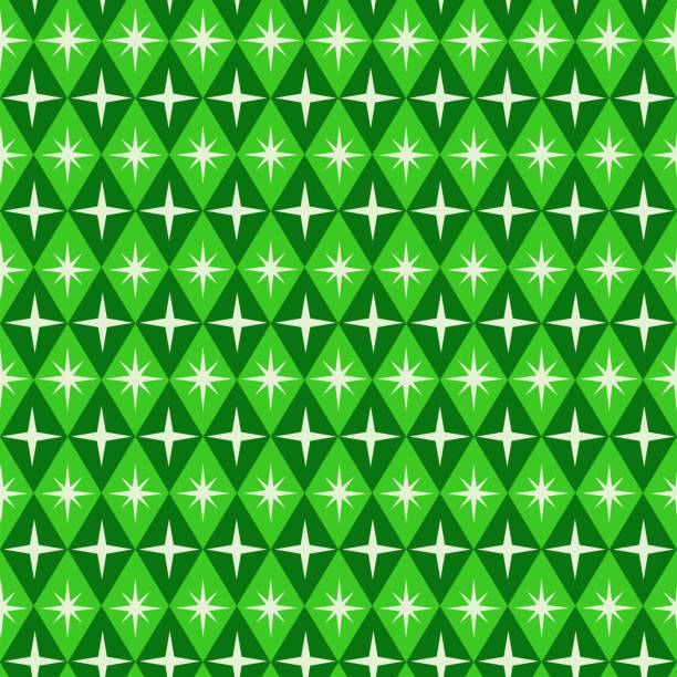 ilustraciones, imágenes clip art, dibujos animados e iconos de stock de estallidos atómicos modernos de mediados de siglo en diamante verde argyle da forma a un patrón sin costuras - lime green illustrations