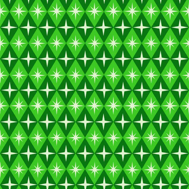 Vector illustration of Mid century modern atomic starbursts on green diamond argyle shapes seamless pattern