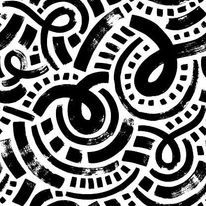 Bold curved lines with small squares seamless pattern. Brush drawn organic geometric background. Grunge vector ornament with messy doodles, bold wavy lines, black curly strokes.