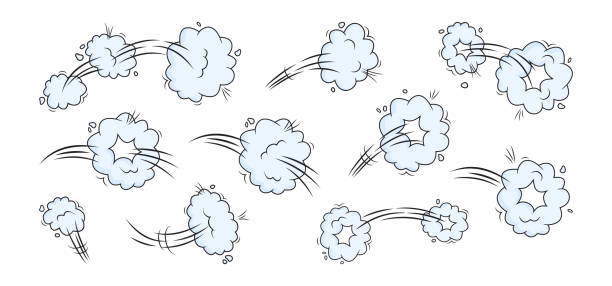 ilustrações de stock, clip art, desenhos animados e ícones de comic speed effect, cartoon jump cloud, doodle smoke or dust, whoosh wind and trail, poof and puff, blue air ring, power gas balloon set. explosion illustration - comic book cartoon poof exploding