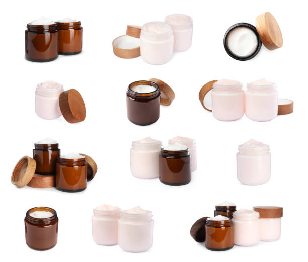 istock Set with jars of facial creams on white background 1487169171