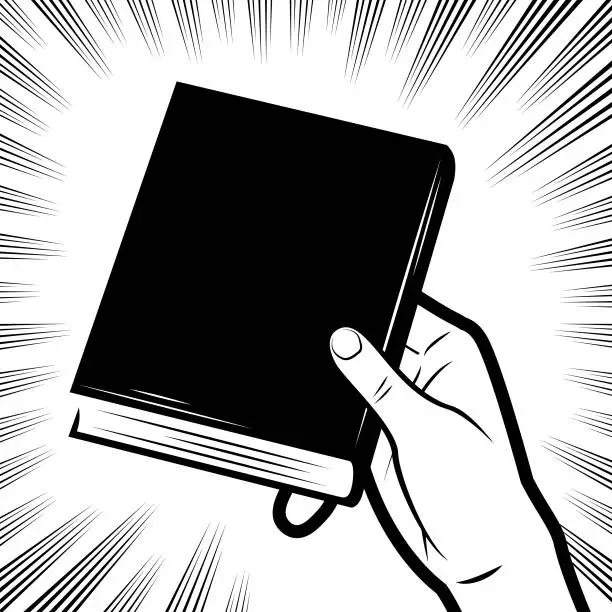 Vector illustration of A hand holding a book in the background with radial manga speed lines
