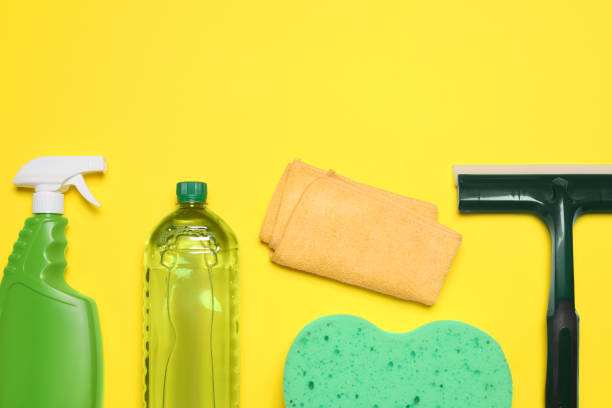 istock Different car products on yellow background, flat lay. Space for text 1487173313