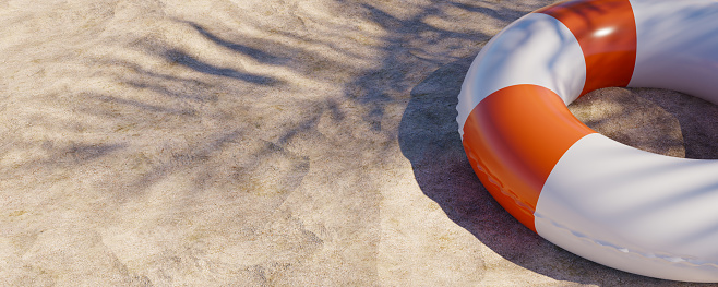 Summer beach vacation concept background with swimming tubes in the sand. 3d rendering