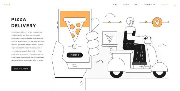 Vector illustration of Pizza Delivery Monochrome Illustration