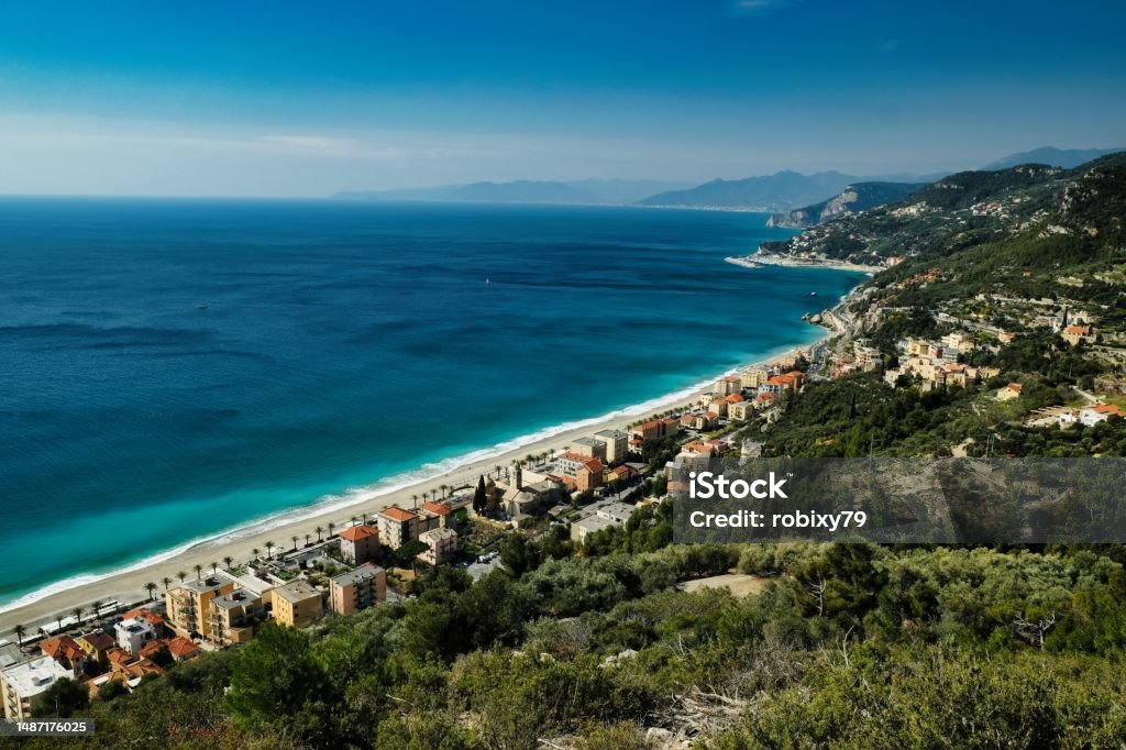 the beautiful Ligurian coast of Varigotti, pearl of the western coast the beautiful Ligurian coast of Varigotti, pearl of the western coast in the summer of 2022 Aerial View Stock Photo