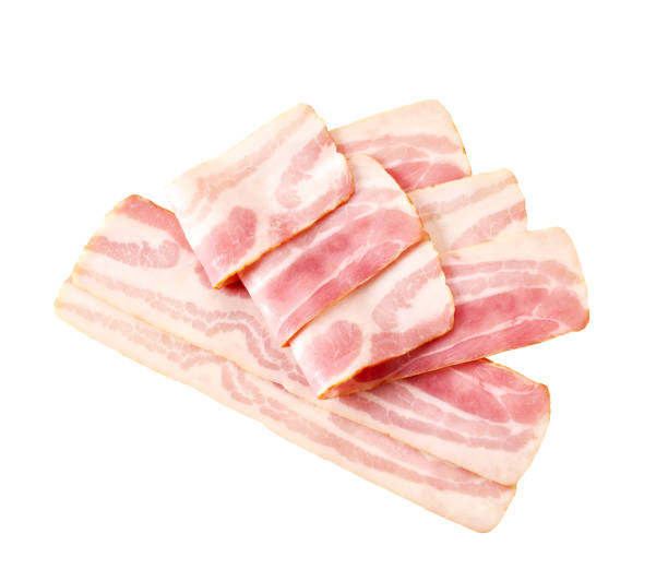 istock Smoked bacon slices isolated, top view. 1487176535