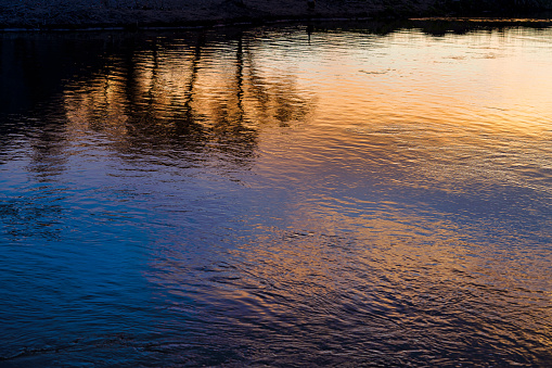 Water Reflections at Sunset - warm and cool tones reflecting in water.