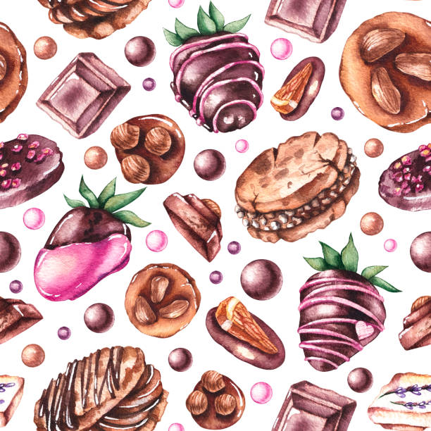 白い背景にチョコレートで覆われたイチゴ、チョコレート片、キャンディー、ボールを持つ水彩パターン - chandler strawberry点のイラスト素材／クリップアート素材／マンガ素材／アイコン素材