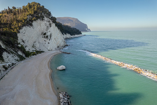 Aerial drone view of Numana town , Conero Mount, Adriatic Sea beach in Le Marche region, Italy , Europa