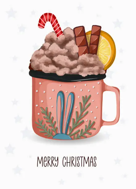 Vector illustration of Cup with winter hot drink. Cocoa christmas.Vector illustration