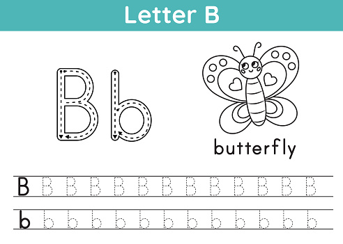 Alphabet ABC a-z exercise. Coloring page. Trace letter B. Vocabulary for coloring book. Cute cartoon butterfly. Printable activity worksheet. Vector illustration