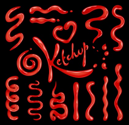 Ketchup stains, squeeze and splashes vector set. Red tomato sauce splats and smears. Isolated cartoon food condiment and spice drops, splatters, blobs in shape of heart or swirl, paste catsup strokes