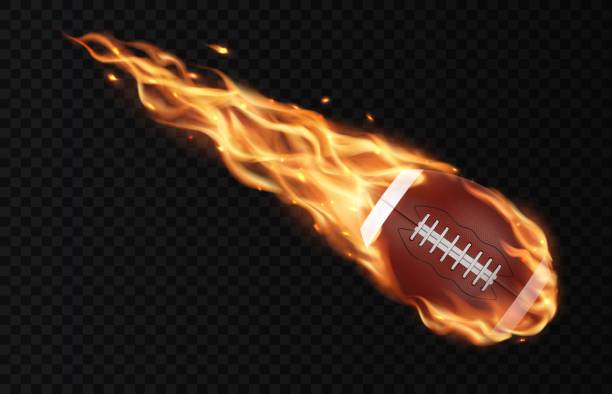ilustrações, clipart, desenhos animados e ícones de bola de futebol americano voadora, trilhas de chama de fogo - football vector luminosity glowing