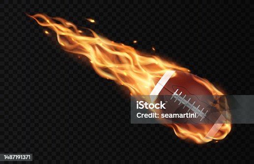 istock Flying American football ball, fire flame trails 1487191371