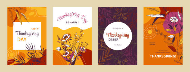 herbstkarten, happy dinner-poster, herbsternte mit blättern, familienurlaub, blumendeko, festival-banner-vorlage, blumenrahmen. thanksgiving-tag vektorgrafik illustration - invitation elegance dinner backgrounds stock-grafiken, -clipart, -cartoons und -symbole