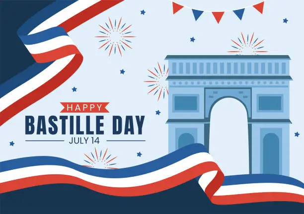 Vector illustration of Happy Bastille Day on 14 july Vector Illustration with French Flag and Eiffel Tower in Flat Cartoon Hand Drawn for Landing Page Templates