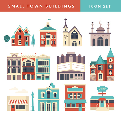 Vector illustration of a small town community icons on white background. Includes set of buildings and architecture features of Victorian home, schoolhouse, church, mosque, downtown shops, theatre, bell clock tower, convenience store, hardware store, restaurant, diner. Fully editable for easy editing. Simple set that includes vector eps and high resolution jpg in download.
