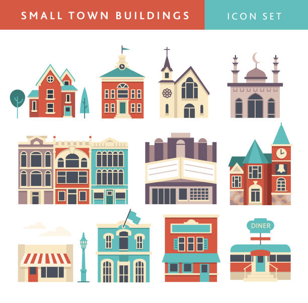 Small town community buildings colorful Icon set Victorian house, schoolhouse,church,mosque,downtown, theatre, clock tower Vector illustration of a small town community icons on white background. Includes set of buildings and architecture features of Victorian home, schoolhouse, church, mosque, downtown shops, theatre, bell clock tower, convenience store, hardware store, restaurant, diner. Fully editable for easy editing. Simple set that includes vector eps and high resolution jpg in download. small town main street stock illustrations