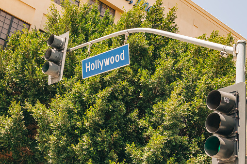 Hollywood road sign, and traffic light in Hollywood, California
