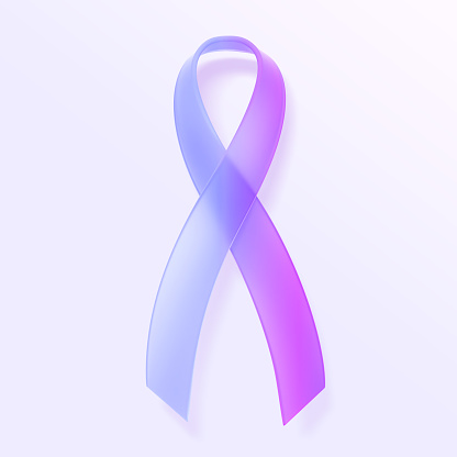 National breast cancer prevention month, social awareness symbol, early detection and treatment 3d render. Glass ribbon with gradient purple blue texture isolated on white background. 3D illustration