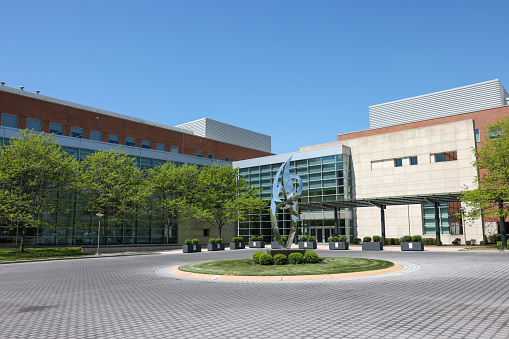Wilmington, Delaware, USA - Apr 20, 2023: The building of the British-Swedish multinational pharmaceutical company AstraZeneca's North America Commercial headquarter