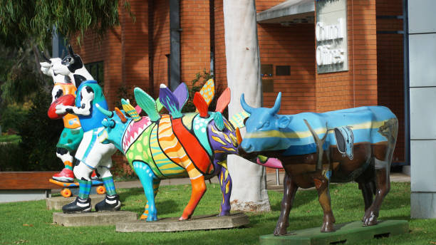 Shepparton Victoria Australia, May 3 2023, The Shepparton Council Office entrance with Mooving Art models. Throughout the Greater Shepparton shire in public parks, colourful fibreglass models of cows.