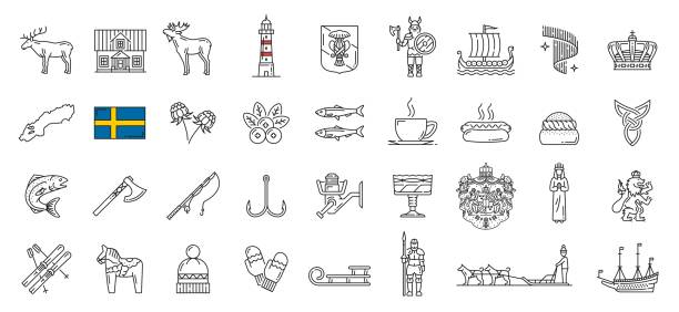 ilustrações de stock, clip art, desenhos animados e ícones de sweden country culture, history outline icons set - king of sweden