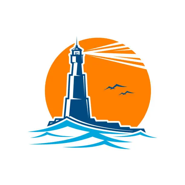 Vector illustration of Lighthouse beacon icon, sea light house tower