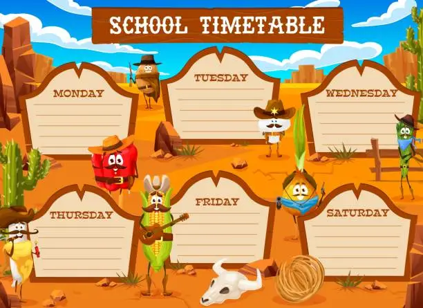 Vector illustration of Timetable schedule, cartoon cowboy vegetables