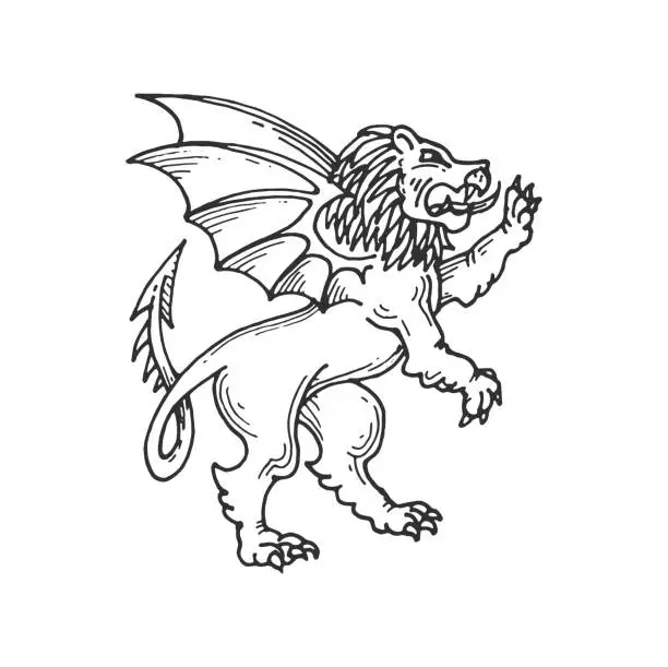 Vector illustration of Lion with dragon wings, medieval heraldic animal