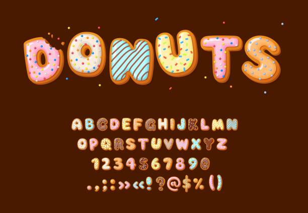 Donut font type, cartoon alphabet typeface letters Donut font type, cartoon alphabet typeface letters, vector bakery sweet food numbers. Donut font alphabet with cookie cake candy or chocolate pastry typeset for birthday, typography and ABC text donuts stock illustrations