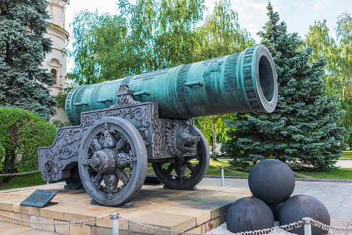 Moscow, Russia - July 25, 2022: King Cannon, Tsar Cannon, in Moscow Kremlin. Famous monument Tsar-pushka or Tsar-cannon in Kremlin park, Moscow, Russia