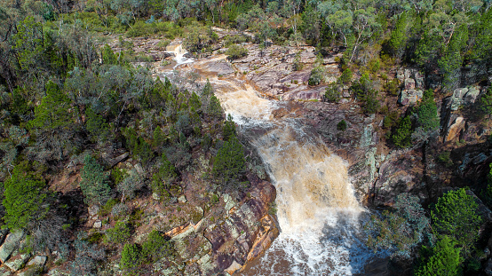 Aerial views of Woolshed Falls after a heavy rain event