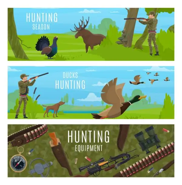 Vector illustration of Hunting sport equipment, animals, hunter and dog