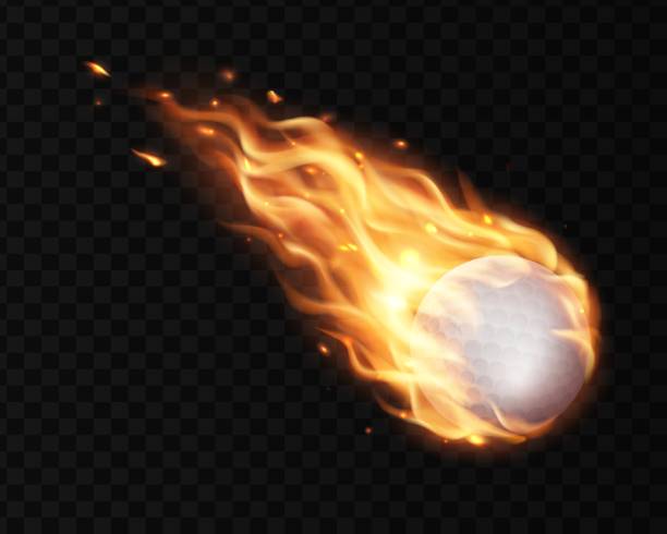 Flying white volleyball ball and fire flame trails Flying white volleyball ball and fire flame trails, vector sport game background. Volleyball or golf ball in speed motion shot with burning fire flames on transparent black for sport championship ball of fire stock illustrations