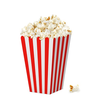 Striped popcorn box container. Isolated 3d vector bucket with pop corn realistic mock up. Square paper box with of white and red stripes and snack seeds. Popcorn snack for cinema or movie theater