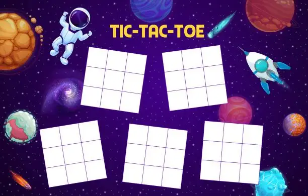 Vector illustration of Tic tac toe worksheet, astronaut, space, rocket