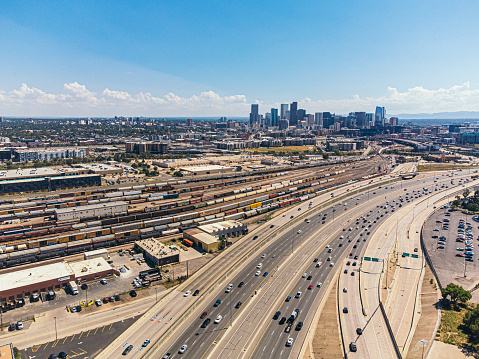 Aerial view of highway interchange and junction, San Diego Freeway interstate 5, California, USA