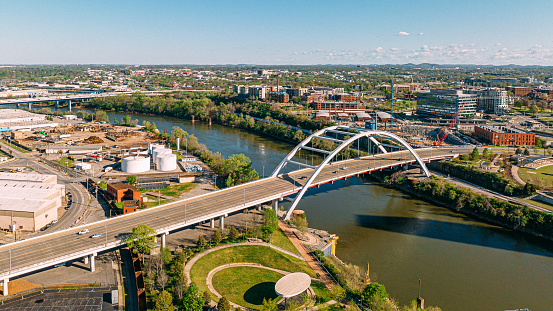 Aerial View of the Korean Veterans Memorial Bridge Downtown Nashville, Tennessee, crossing the Cumberland River, on a Sunny Springtime Afternoon
