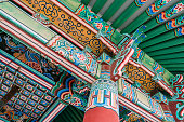 Close-Up Image of the Colorful, Detailed, Traditional Vibrant Paint on the Ceiling inside the Belfry of the Korean Friendship Bell in San Pedro, California, USA, Outside of Los Angeles