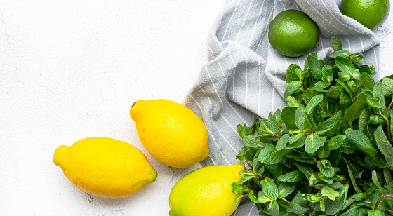 Fresh lemon, lime and mint leaves on white background, top view, copy space