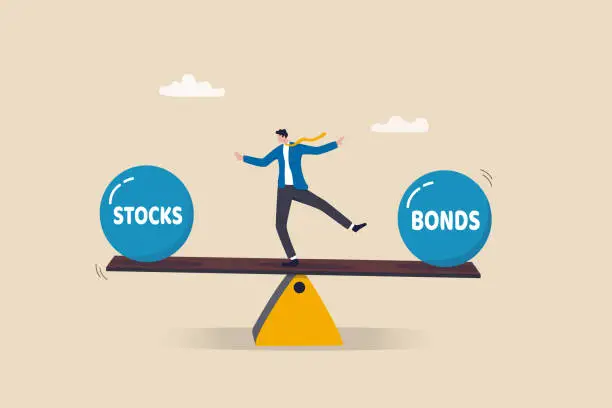 Vector illustration of Stocks vs bonds in investment asset allocation, risk assessment portfolio or expected return in long term mutual funds, pension fund concept, businessman investor balance on stocks and bonds seesaw.